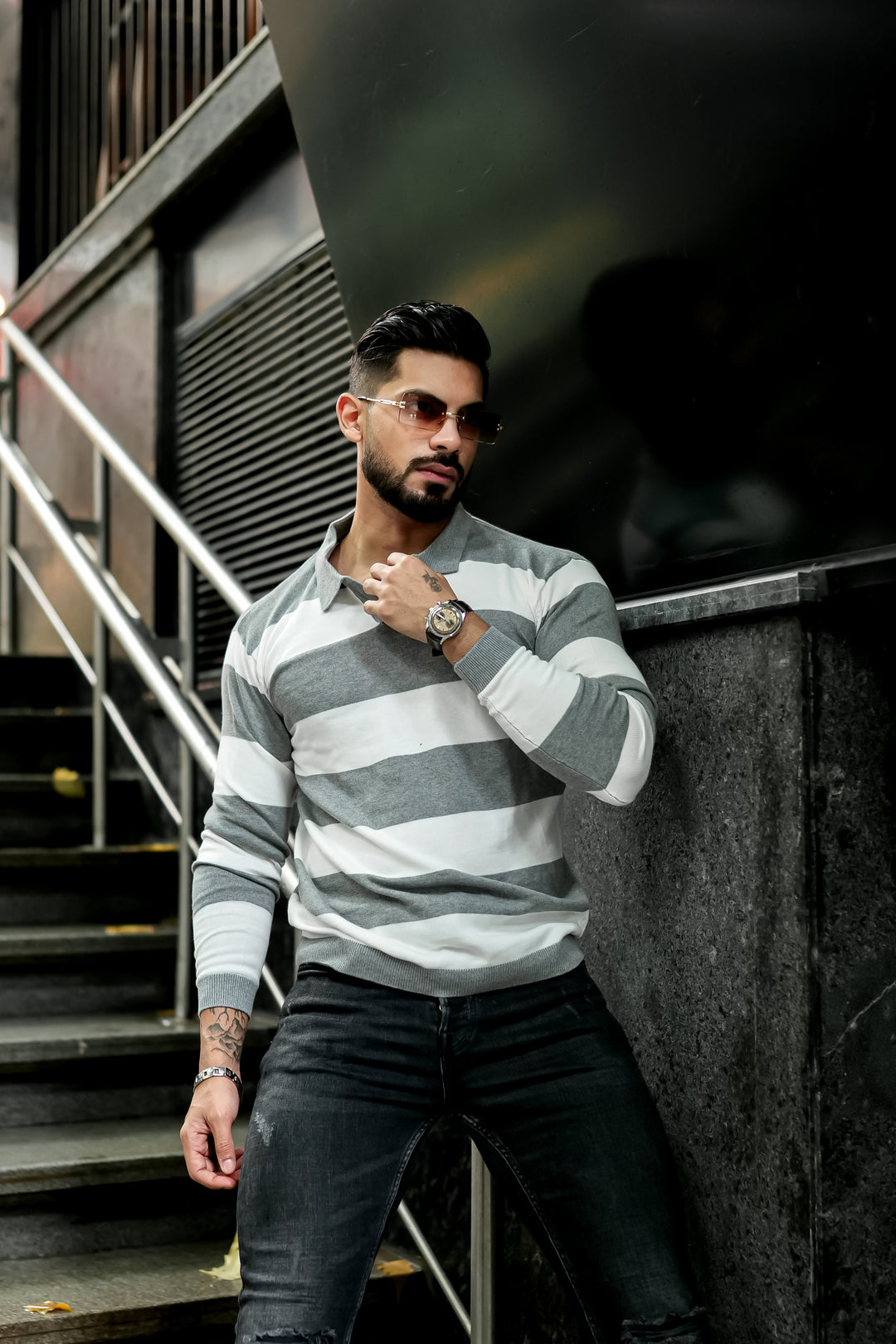 Grey White Flat Knit Pullover T-Shirt