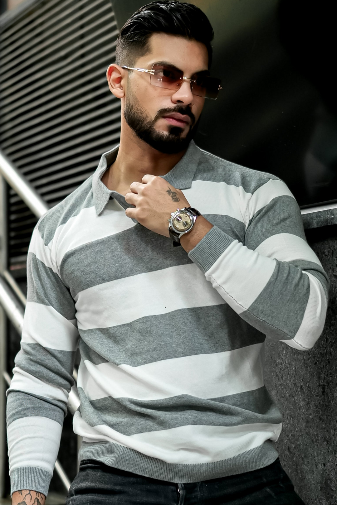 Grey White Flat Knit Pullover T-Shirt