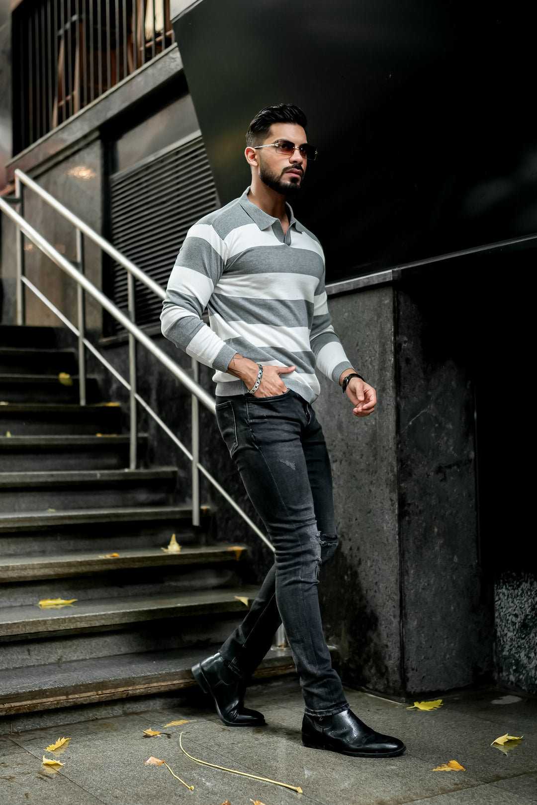 Grey White Flat Knit Pullover T-Shirt