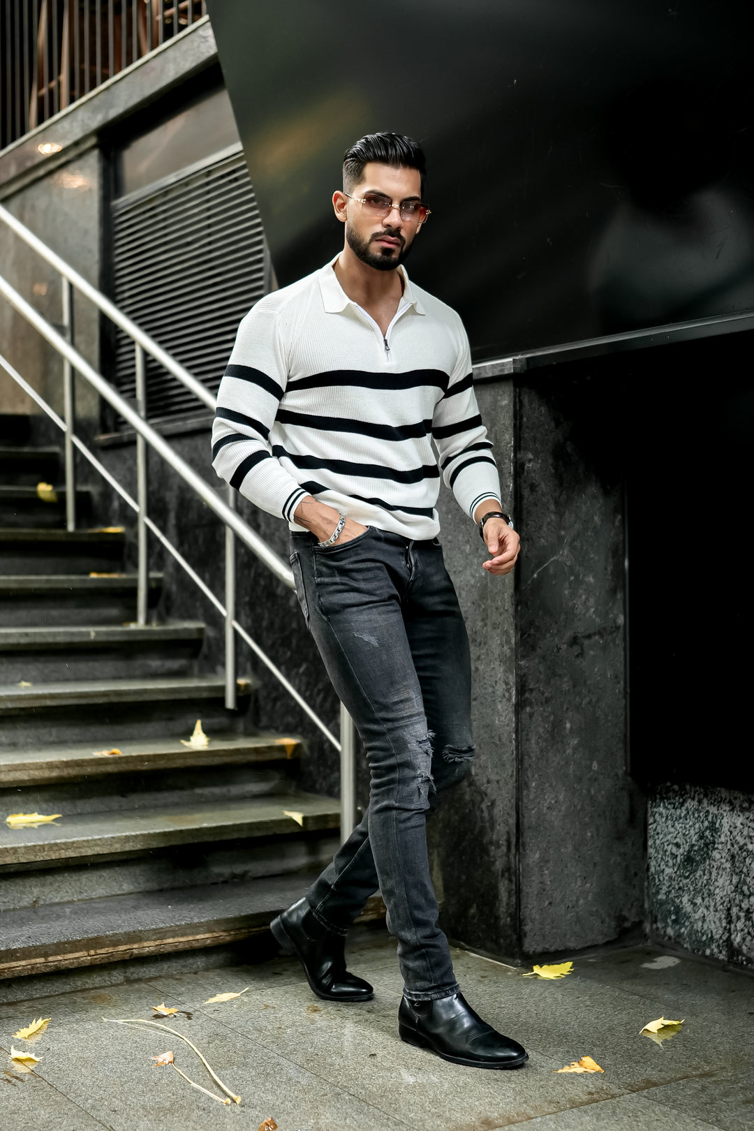 Black White Flat Knit Zipper Polo T-Shirt