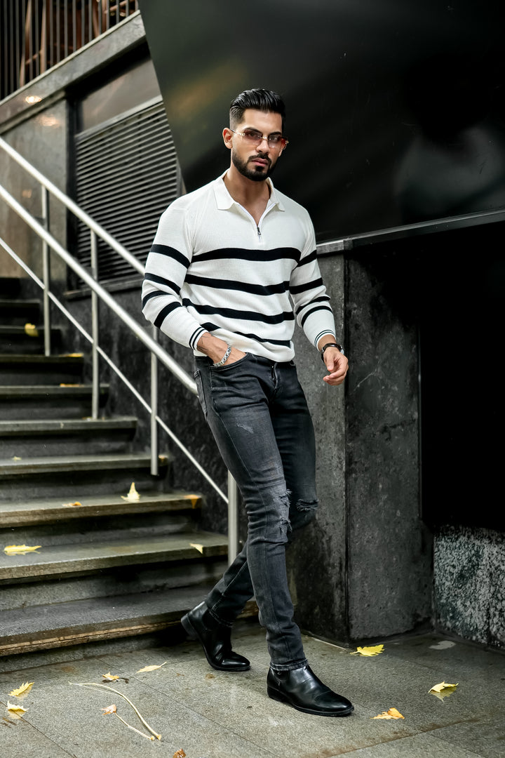 Black White Flat Knit Zipper Polo T-Shirt