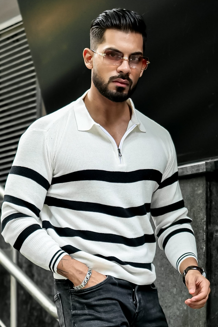 Black White Flat Knit Zipper Polo T-Shirt