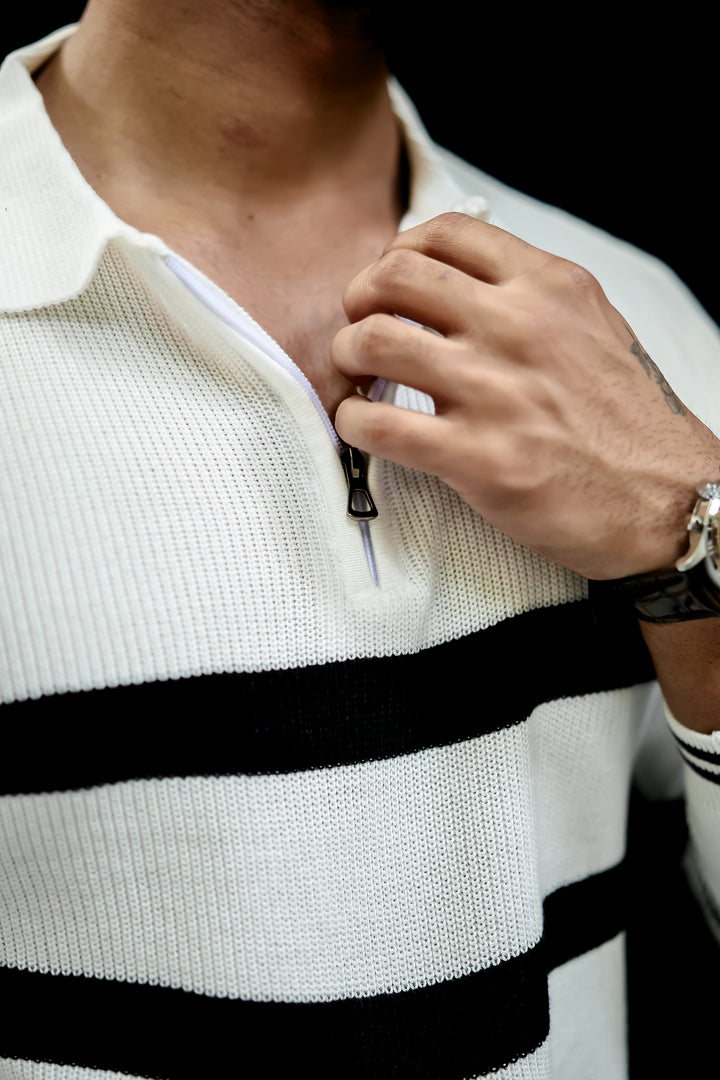 Black White Flat Knit Zipper Polo T-Shirt