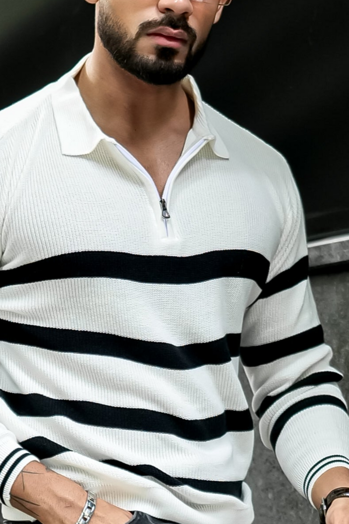 Black White Flat Knit Zipper Polo T-Shirt