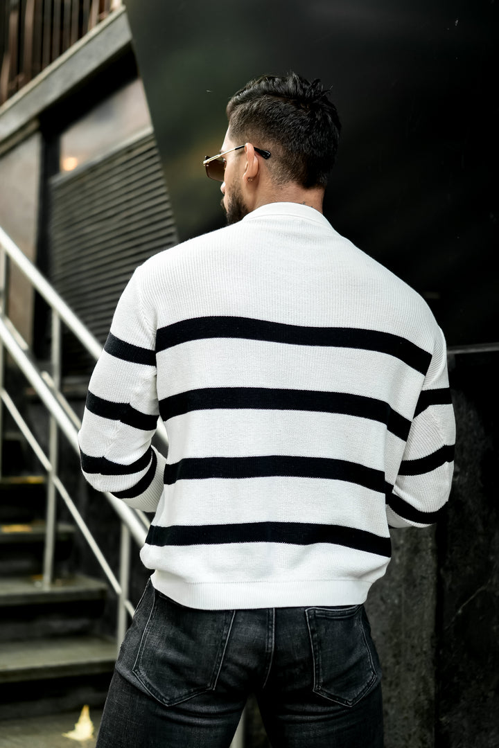 Black White Flat Knit Zipper Polo T-Shirt