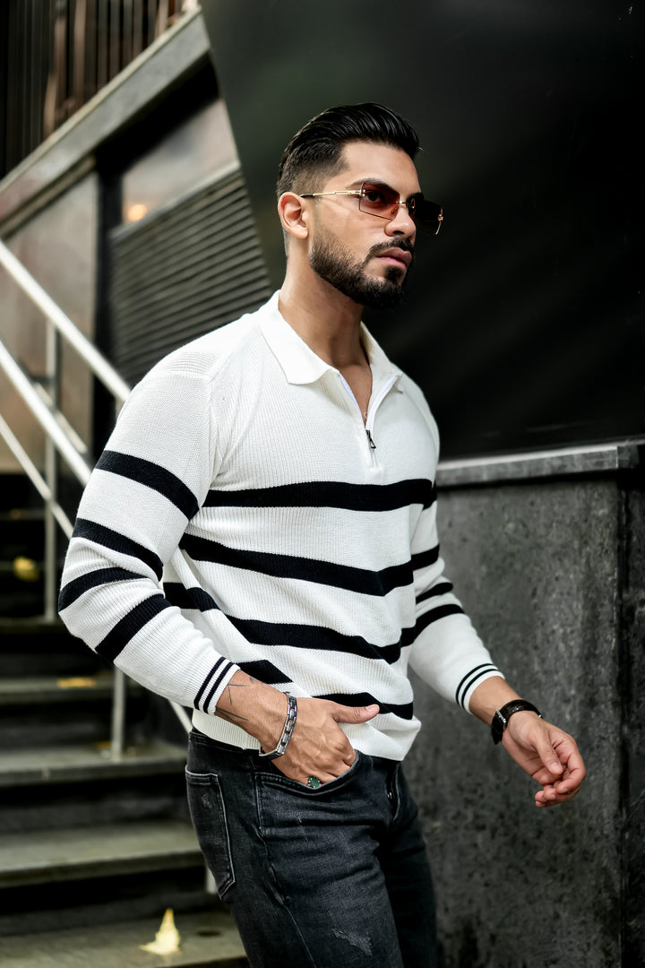 Black White Flat Knit Zipper Polo T-Shirt