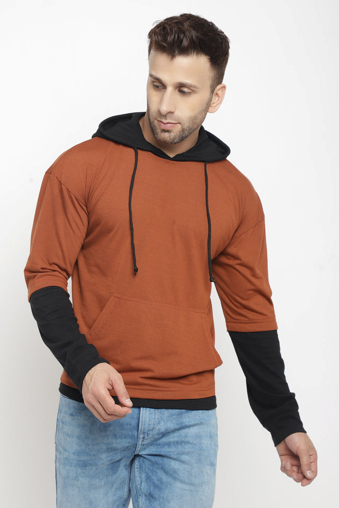 Hooded Full Sleeve Brown Color Kangaroo Pocket  T-Shirt