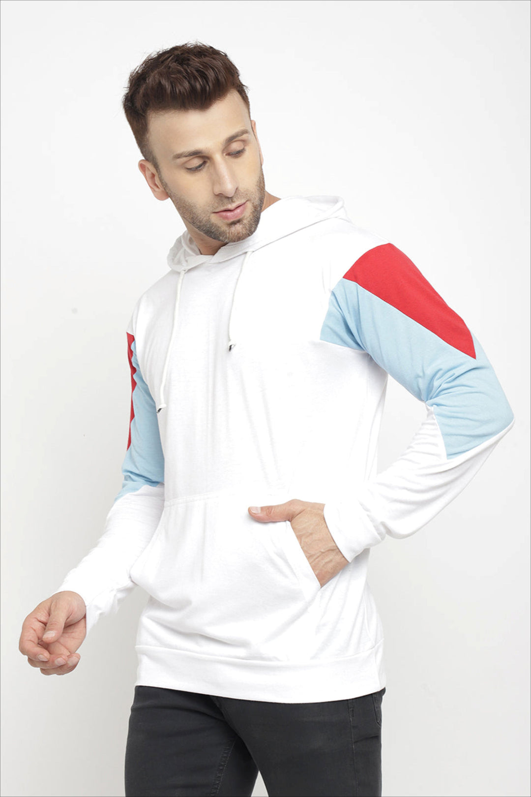 Hooded Full Sleeve White Color Block Kangaroo Pocket  T-Shirt