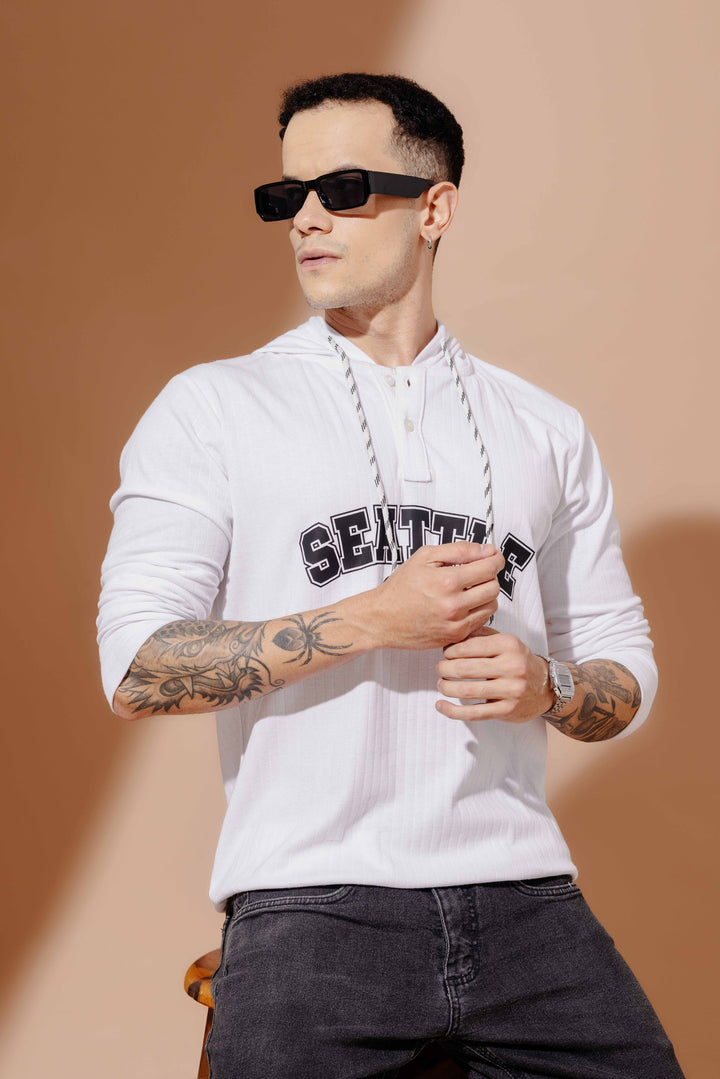 White Self Design printed Hooded T-Shirt