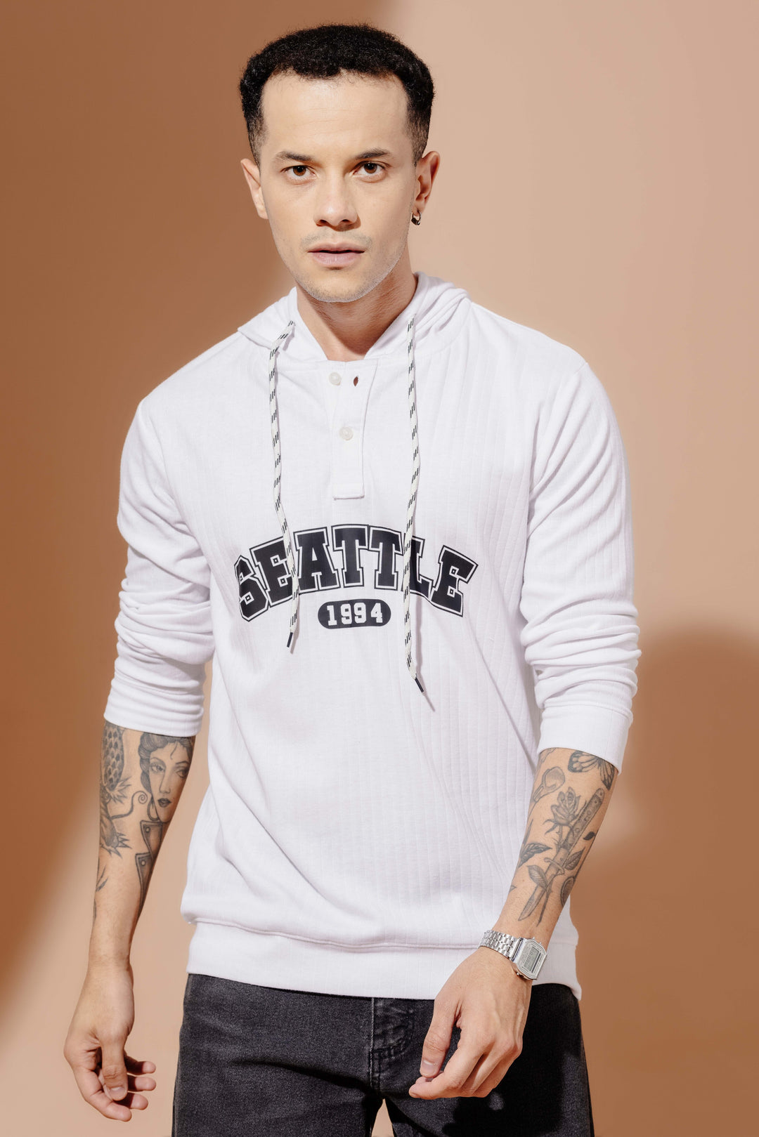 White Self Design printed Hooded T-Shirt