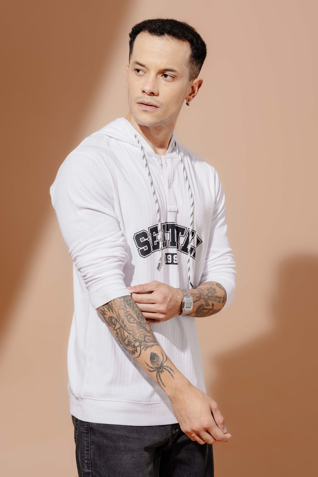 White Self Design printed Hooded T-Shirt