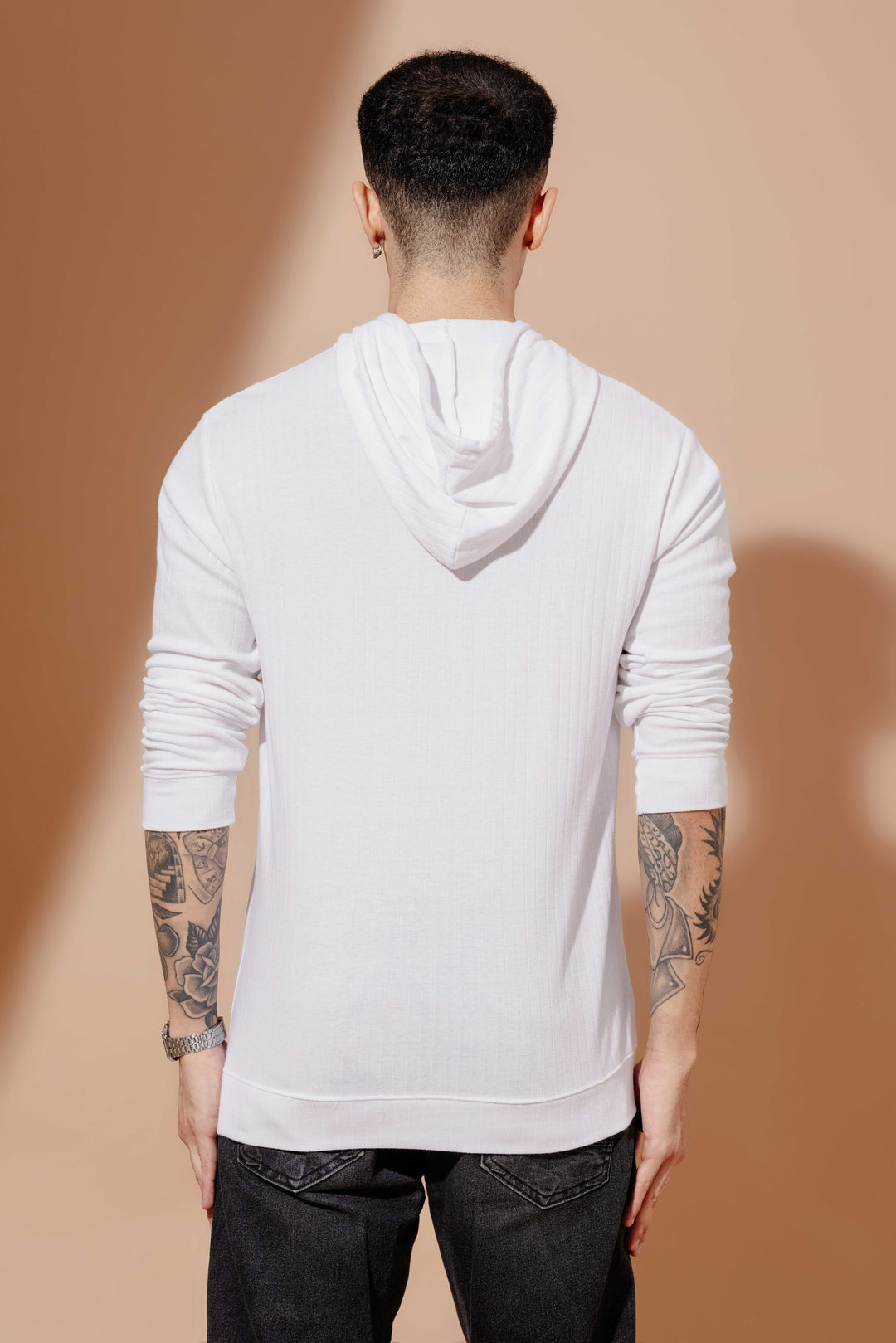 White Self Design printed Hooded T-Shirt