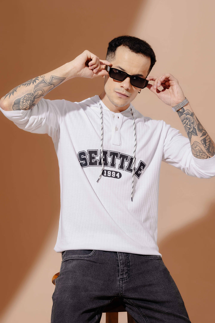 White Self Design printed Hooded T-Shirt