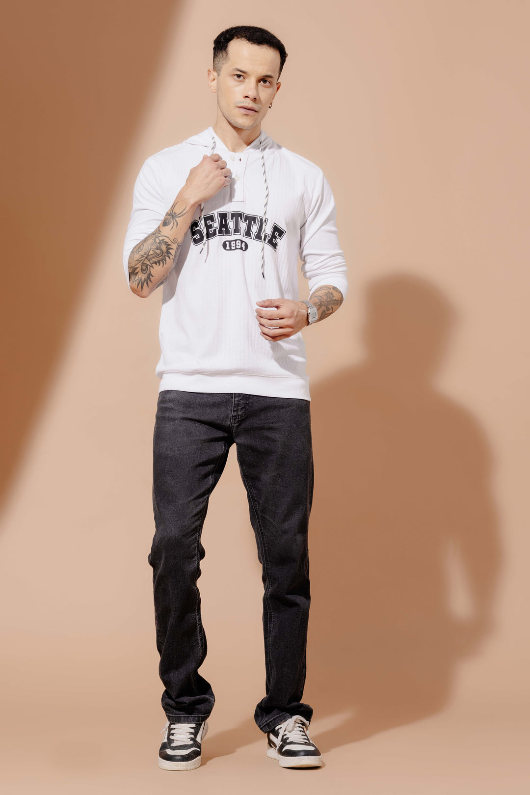 White Self Design printed Hooded T-Shirt