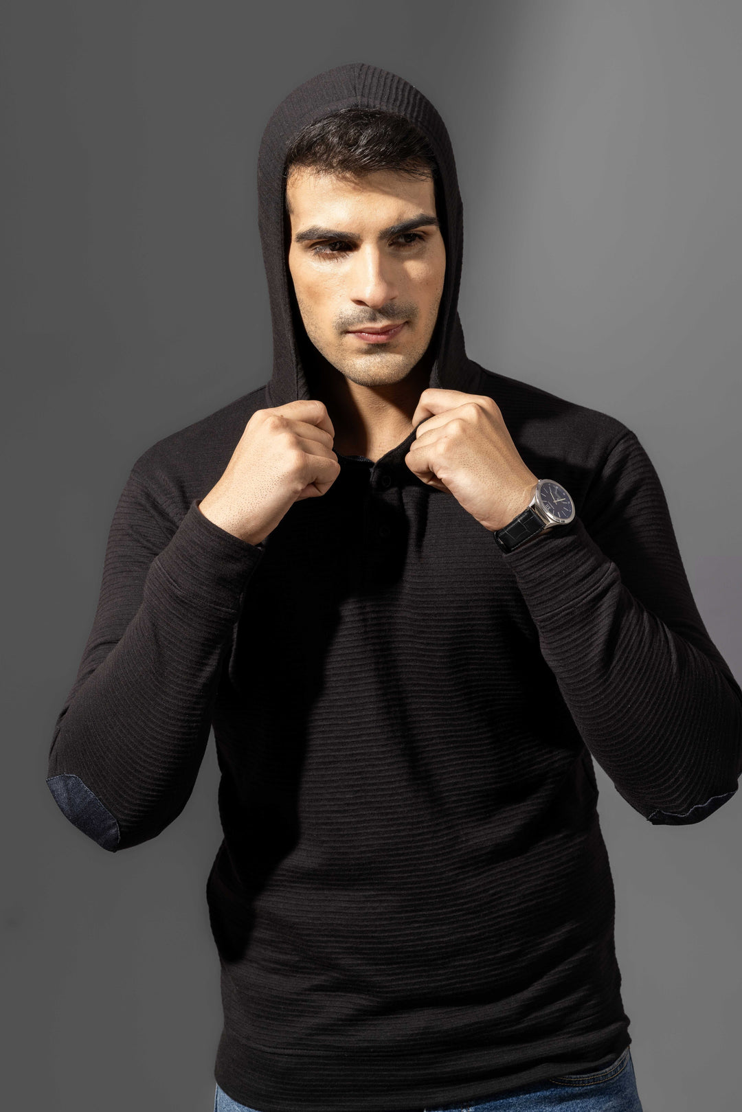 Black Elbow Patch Hooded Placket T-Shirt