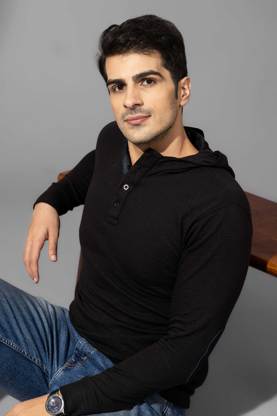 Black Elbow Patch Hooded Placket T-Shirt