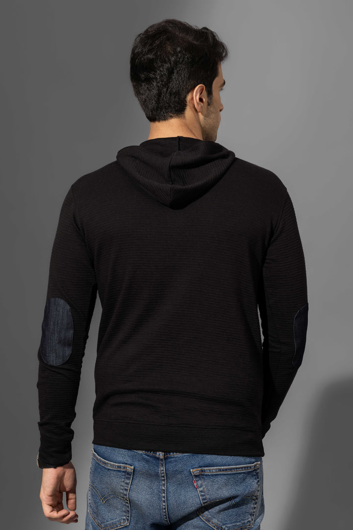 Black Elbow Patch Hooded Placket T-Shirt