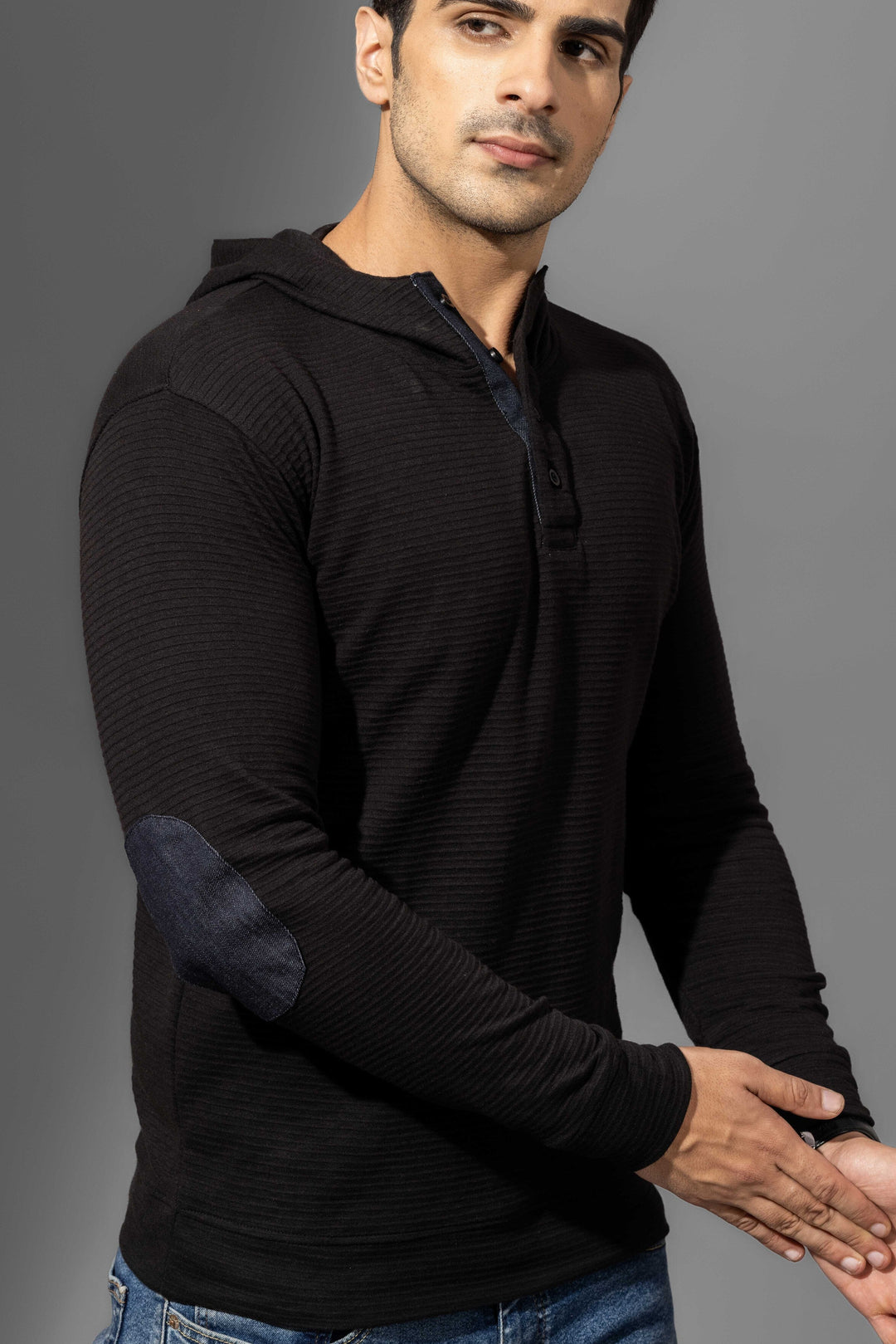 Black Elbow Patch Hooded Placket T-Shirt