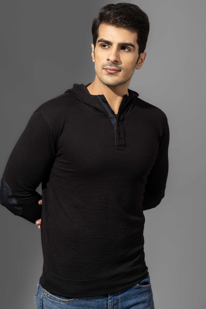 Black Elbow Patch Hooded Placket T-Shirt