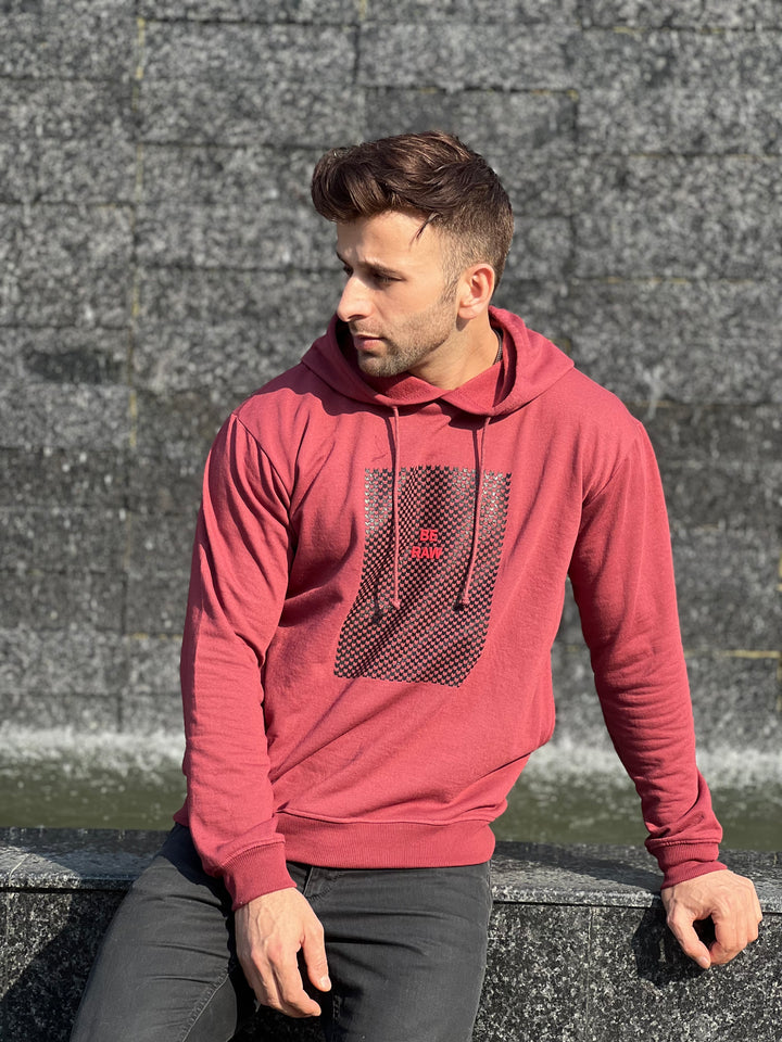 "BE RAW" Full Sleeve Wine Fleece Hoodie