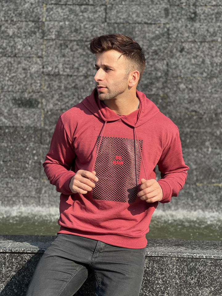 "BE RAW" Full Sleeve Wine Fleece Hoodie