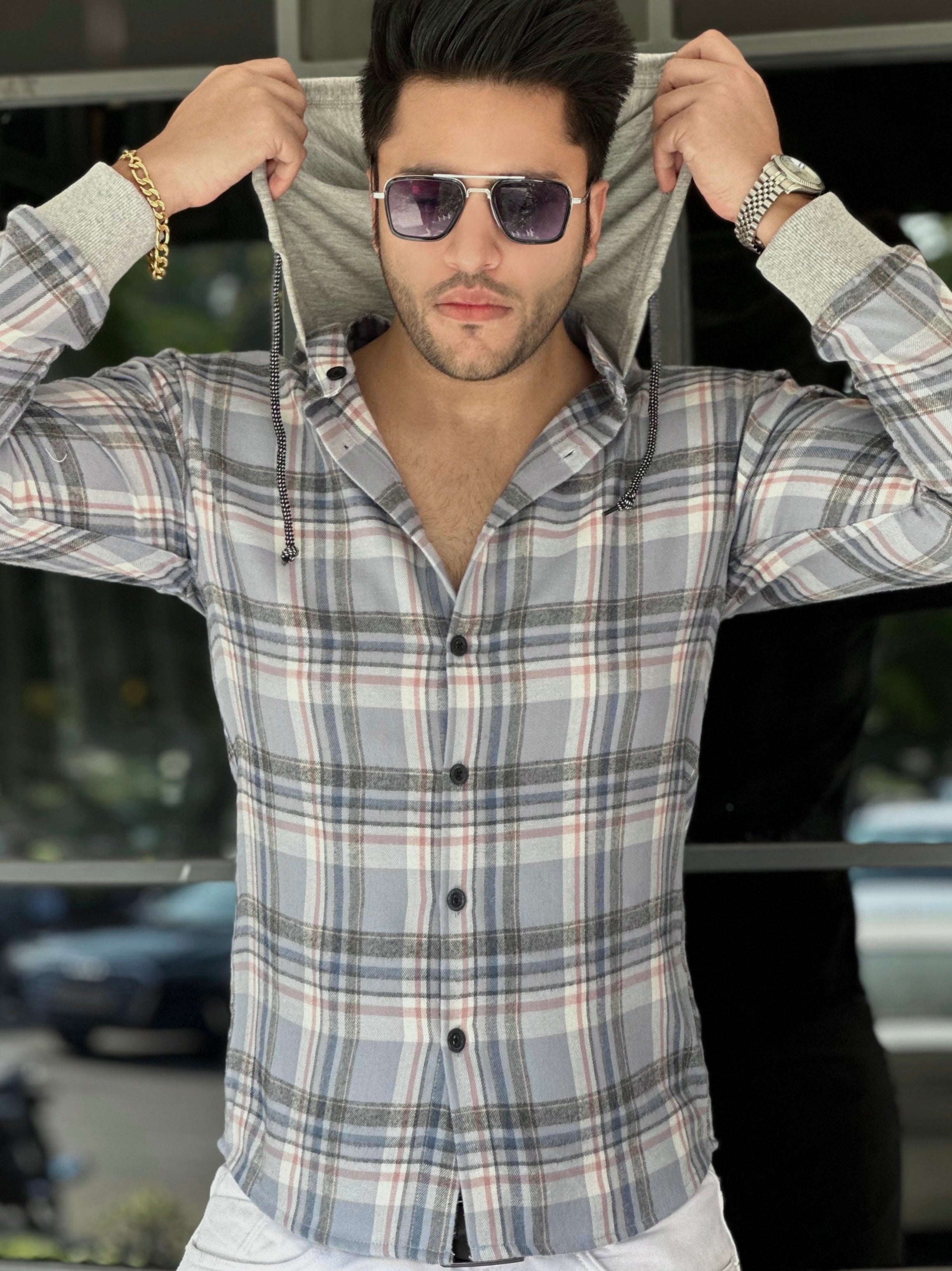 Brushed  Grey Sky Blue Hooded Flannel Shirt