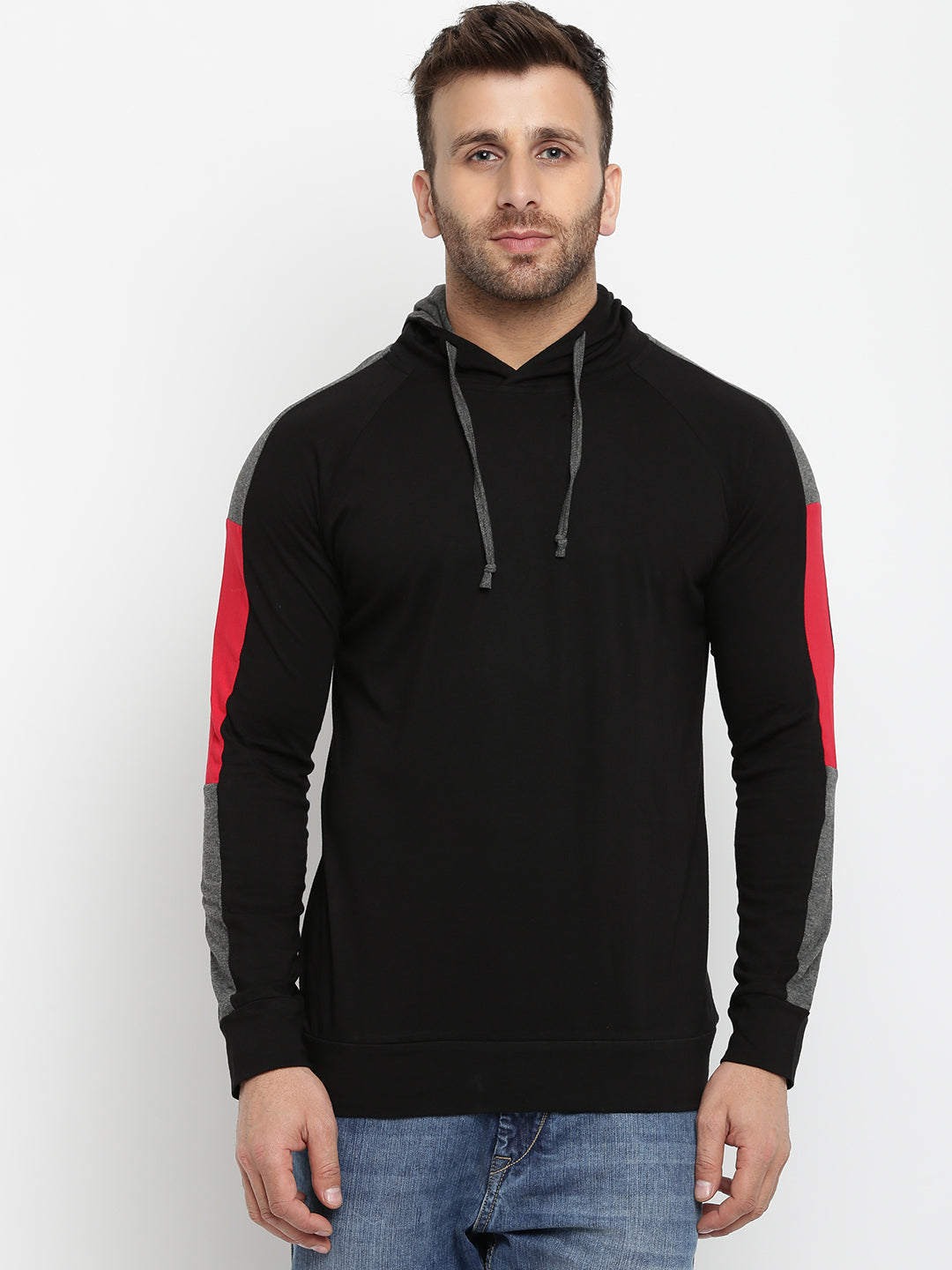 Black Hooded Color Block Full Sleeve T-Shirt