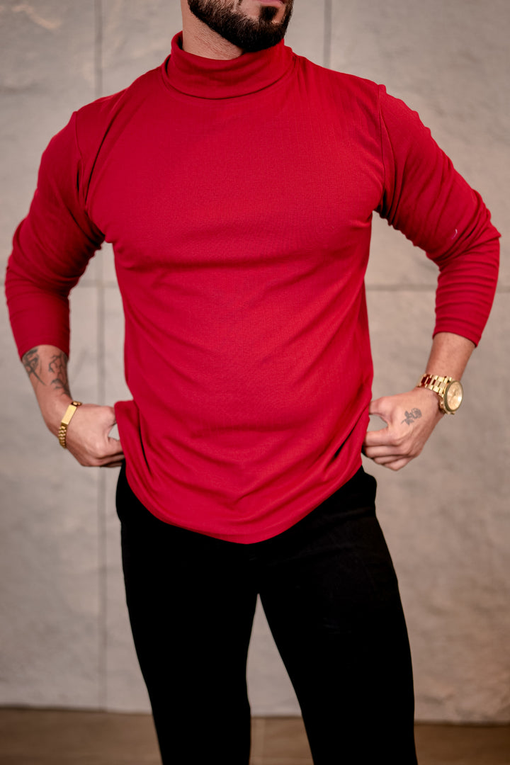 Maroon Self Design High Neck T-Shirt