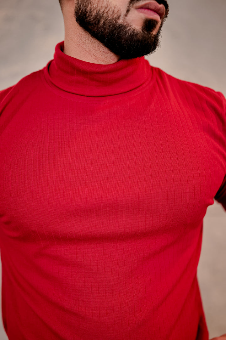 Maroon Self Design High Neck T-Shirt