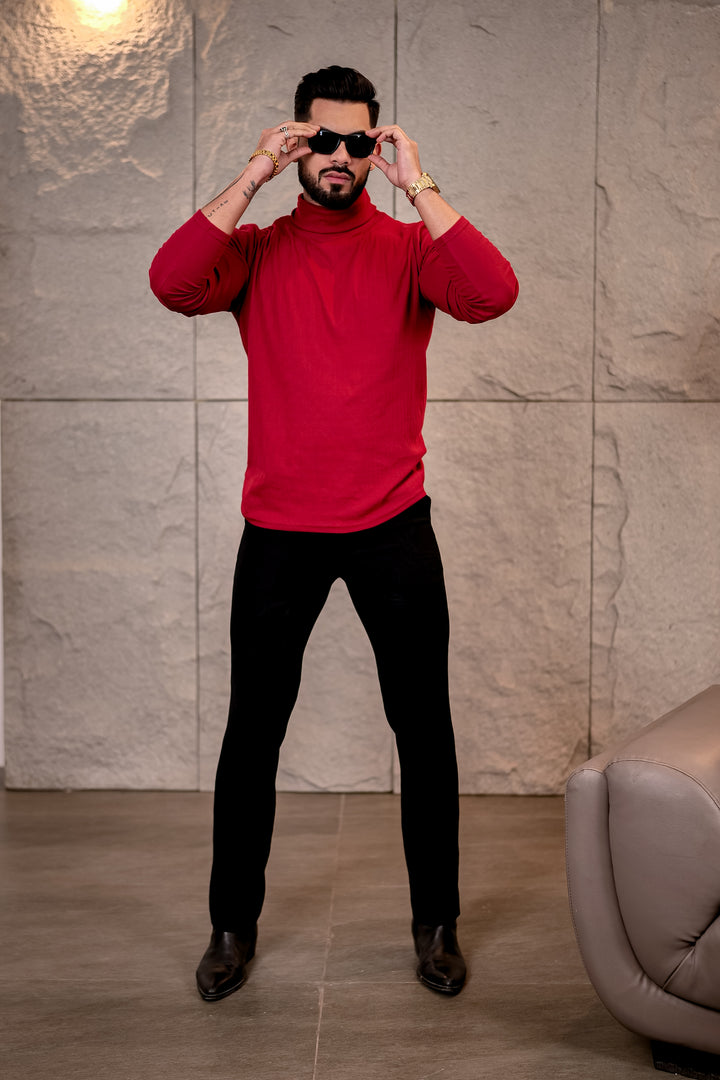 Maroon Self Design High Neck T-Shirt