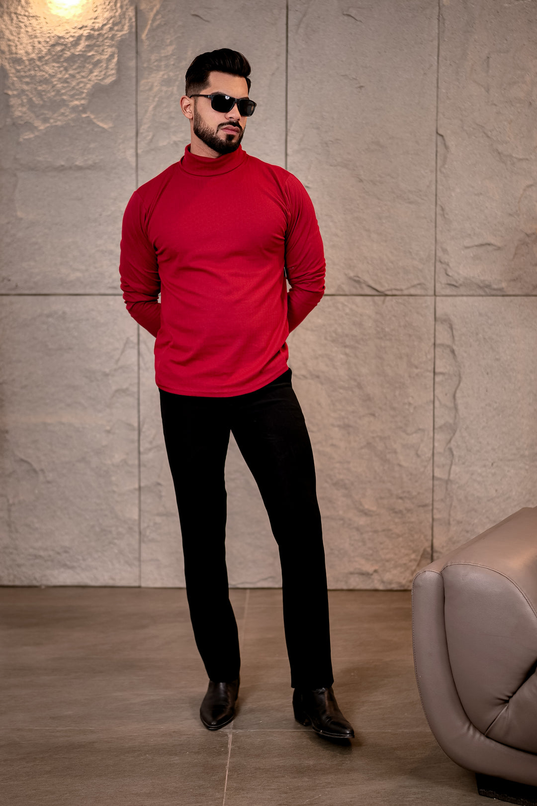 Maroon Self Design High Neck T-Shirt