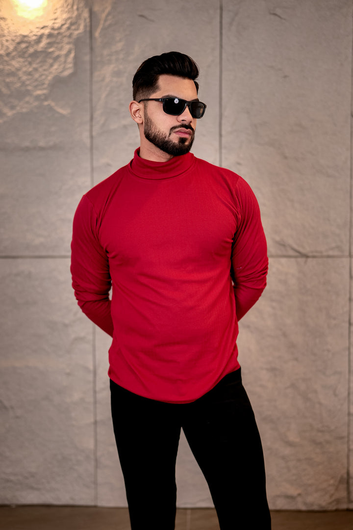 Maroon Self Design High Neck T-Shirt