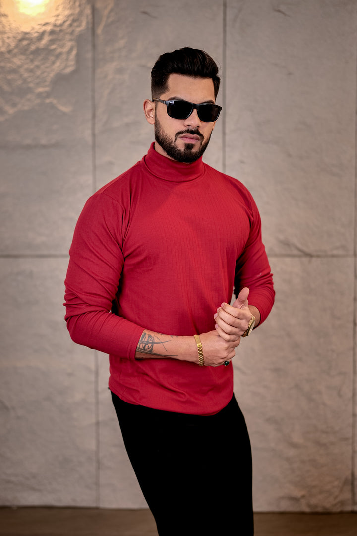 Maroon Self Design High Neck T-Shirt