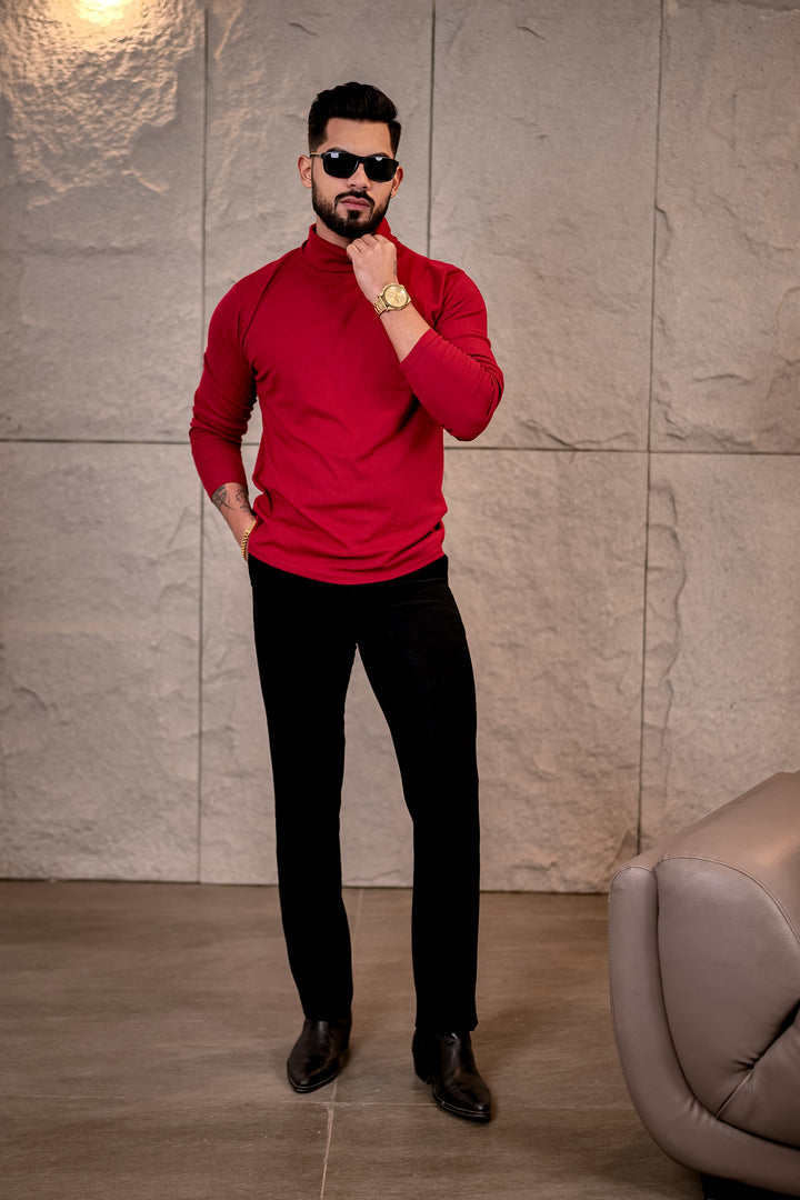 Maroon Self Design High Neck T-Shirt