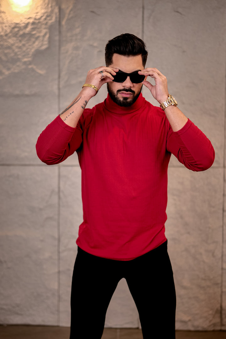 Maroon Self Design High Neck T-Shirt