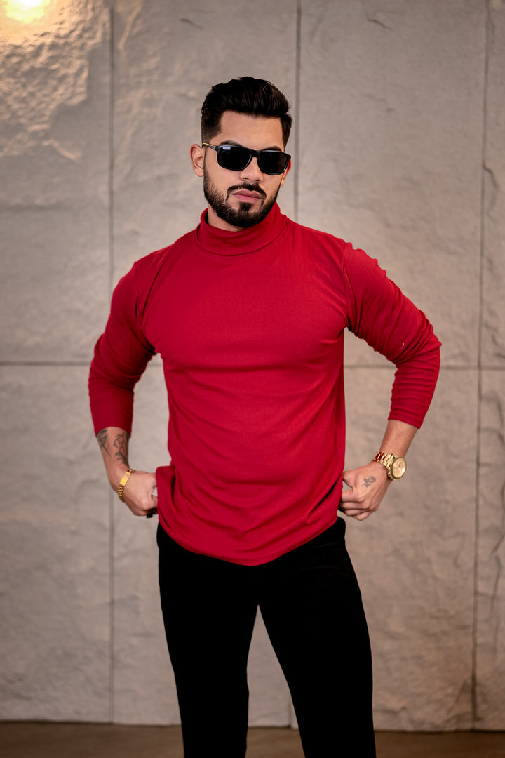 Maroon Self Design High Neck T-Shirt