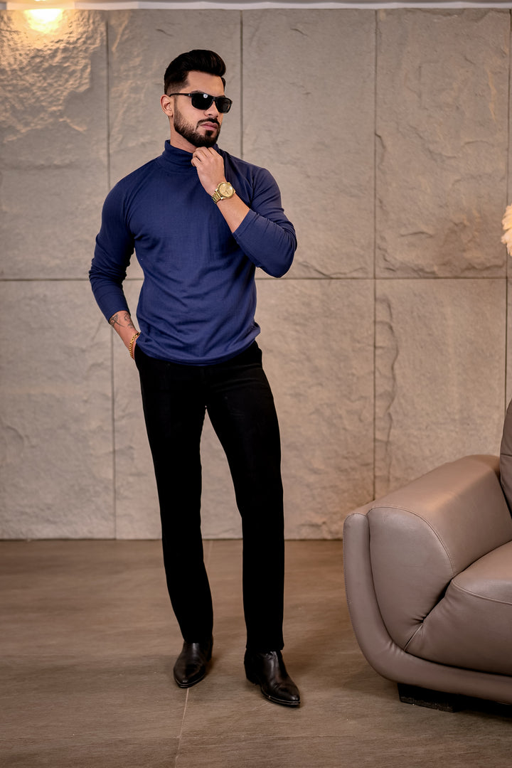Navy Blue Self Design High Neck T-Shirt
