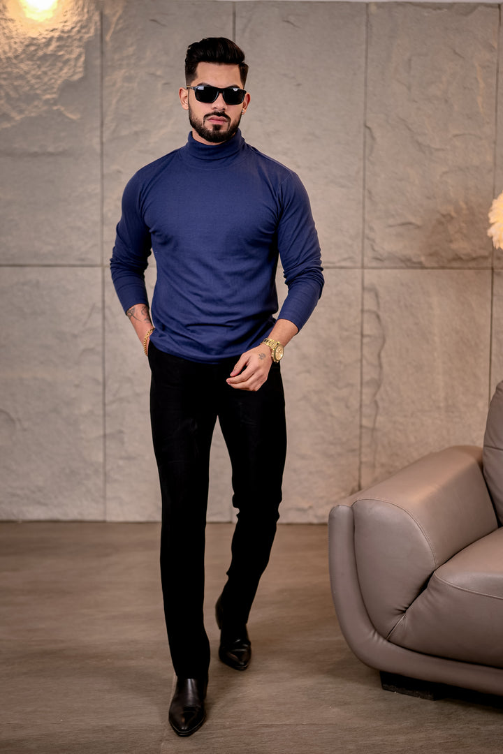 Navy Blue Self Design High Neck T-Shirt