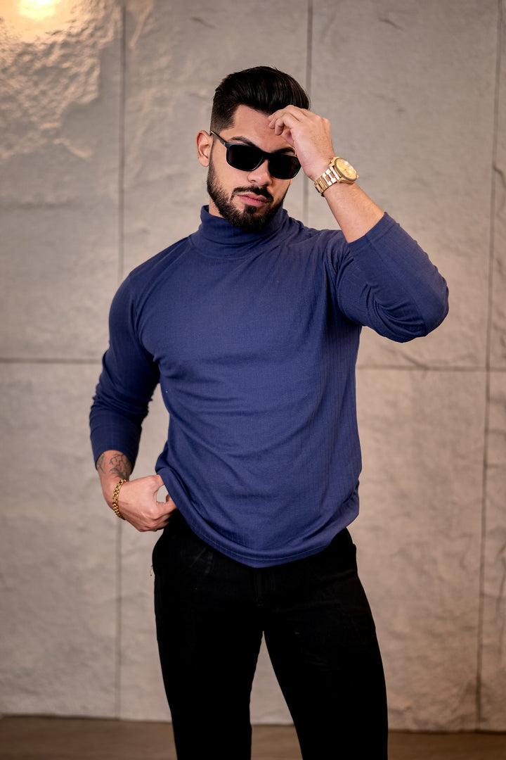Navy Blue Self Design High Neck T-Shirt