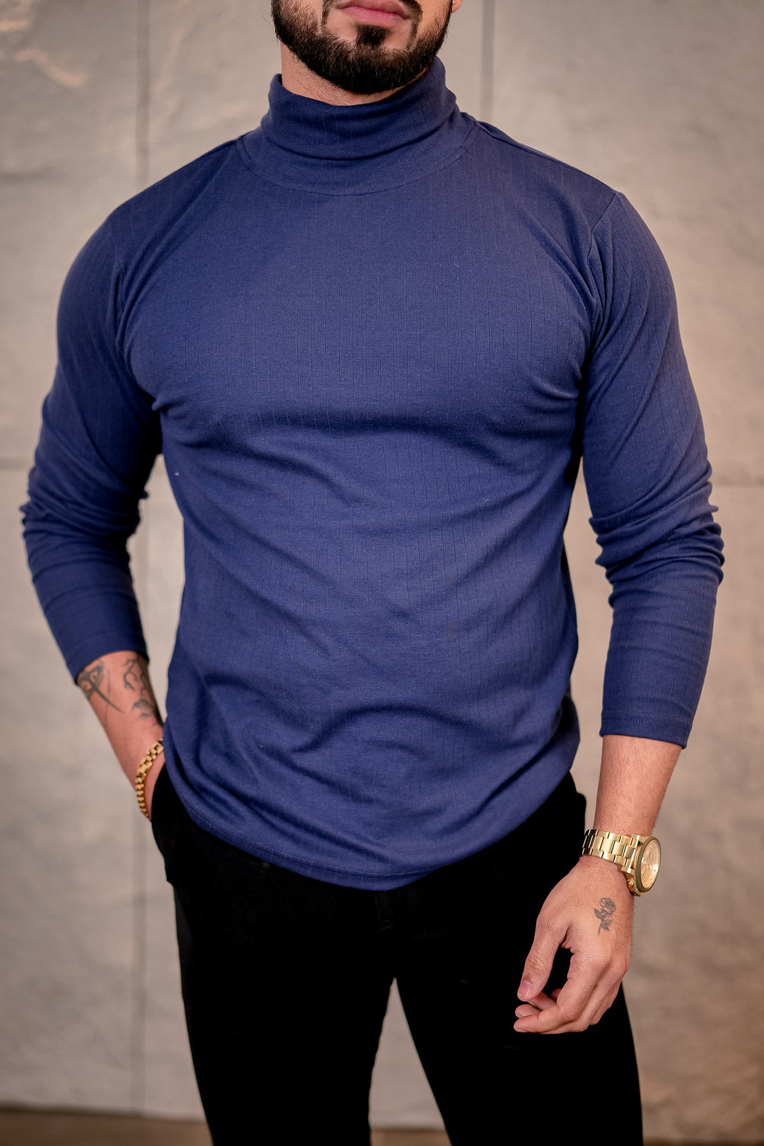 Navy Blue Self Design High Neck T-Shirt