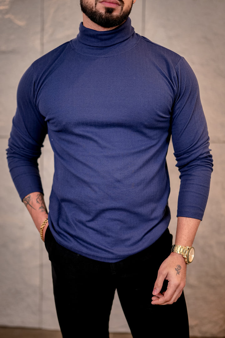 Navy Blue Self Design High Neck T-Shirt