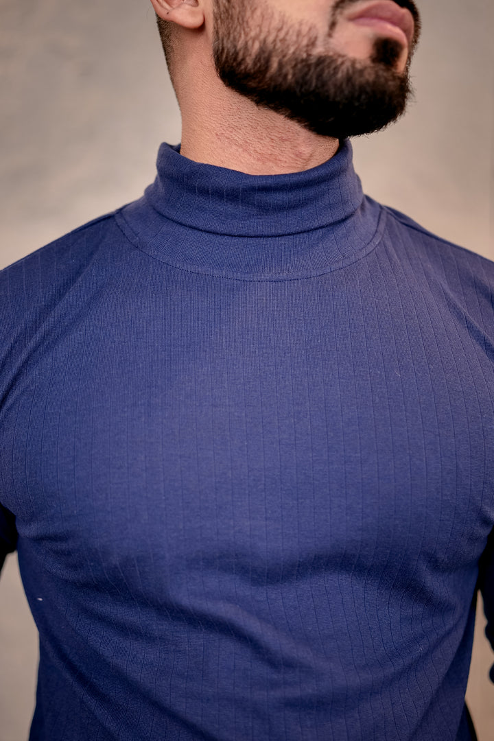 Navy Blue Self Design High Neck T-Shirt