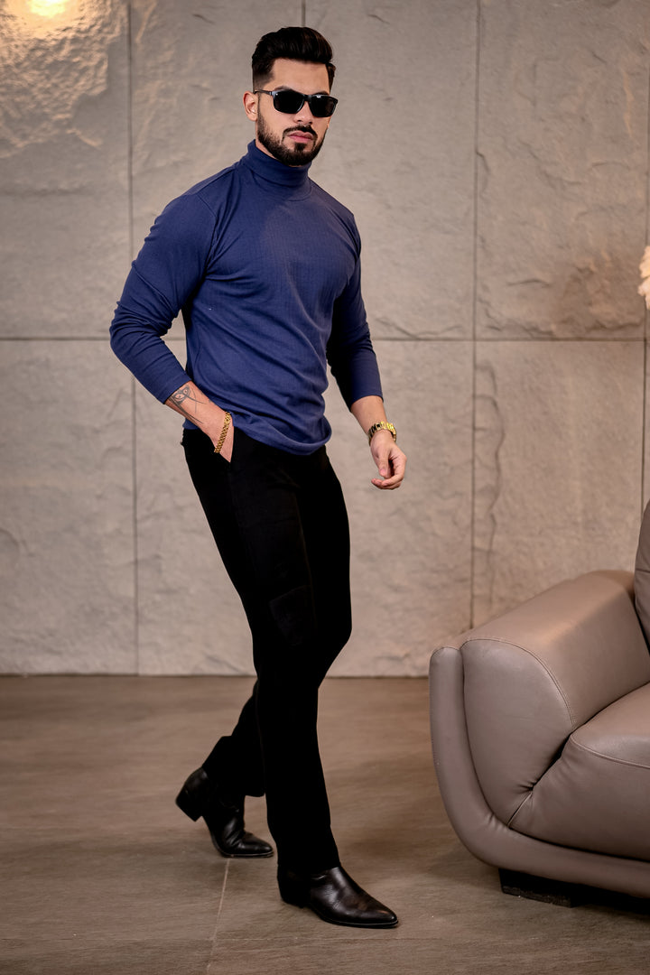Navy Blue Self Design High Neck T-Shirt