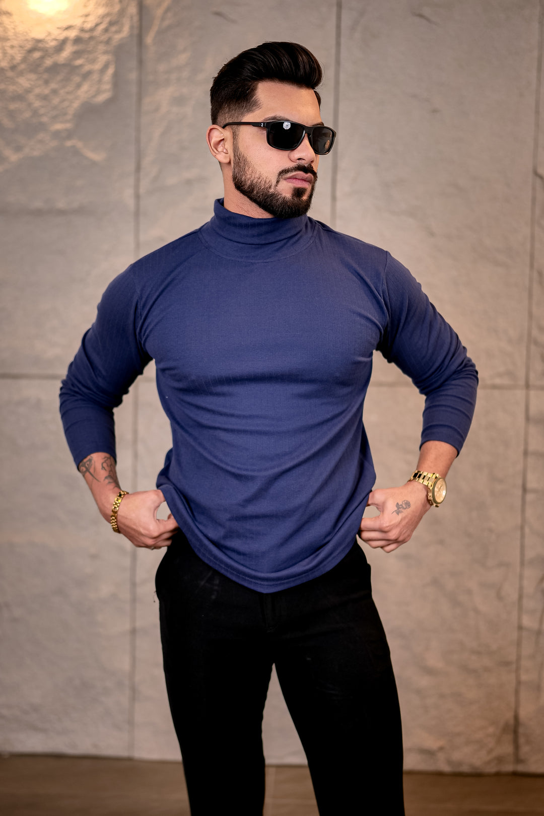 Navy Blue Self Design High Neck T-Shirt