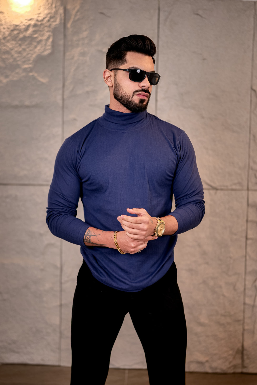 Navy Blue Self Design High Neck T-Shirt
