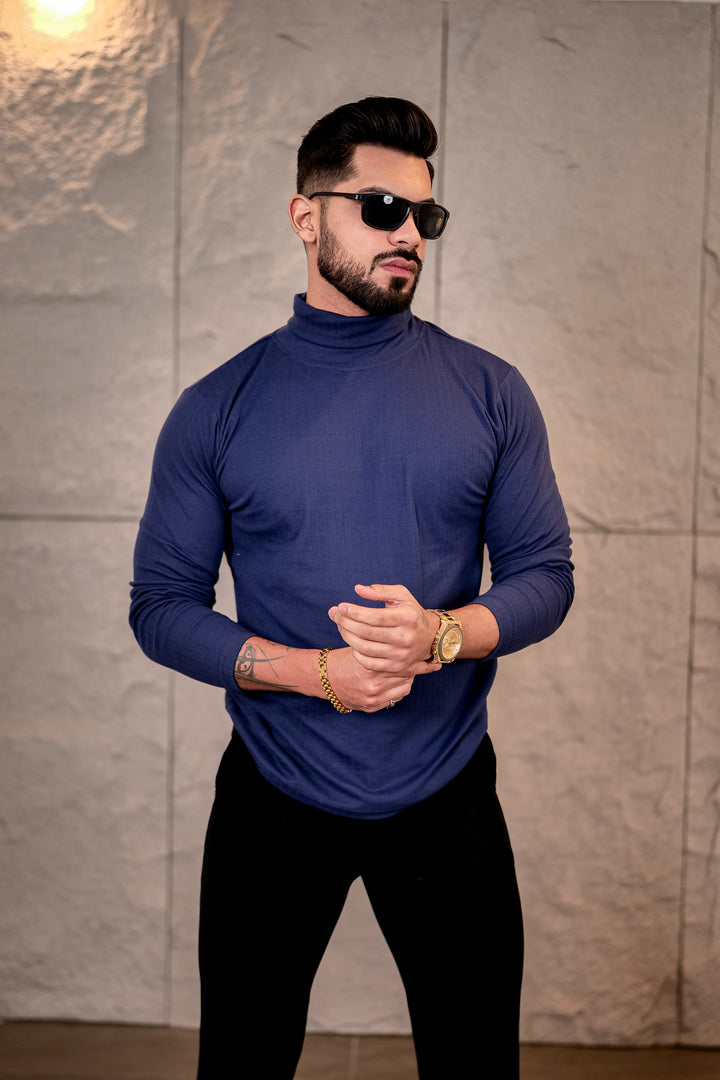 Navy Blue Self Design High Neck T-Shirt