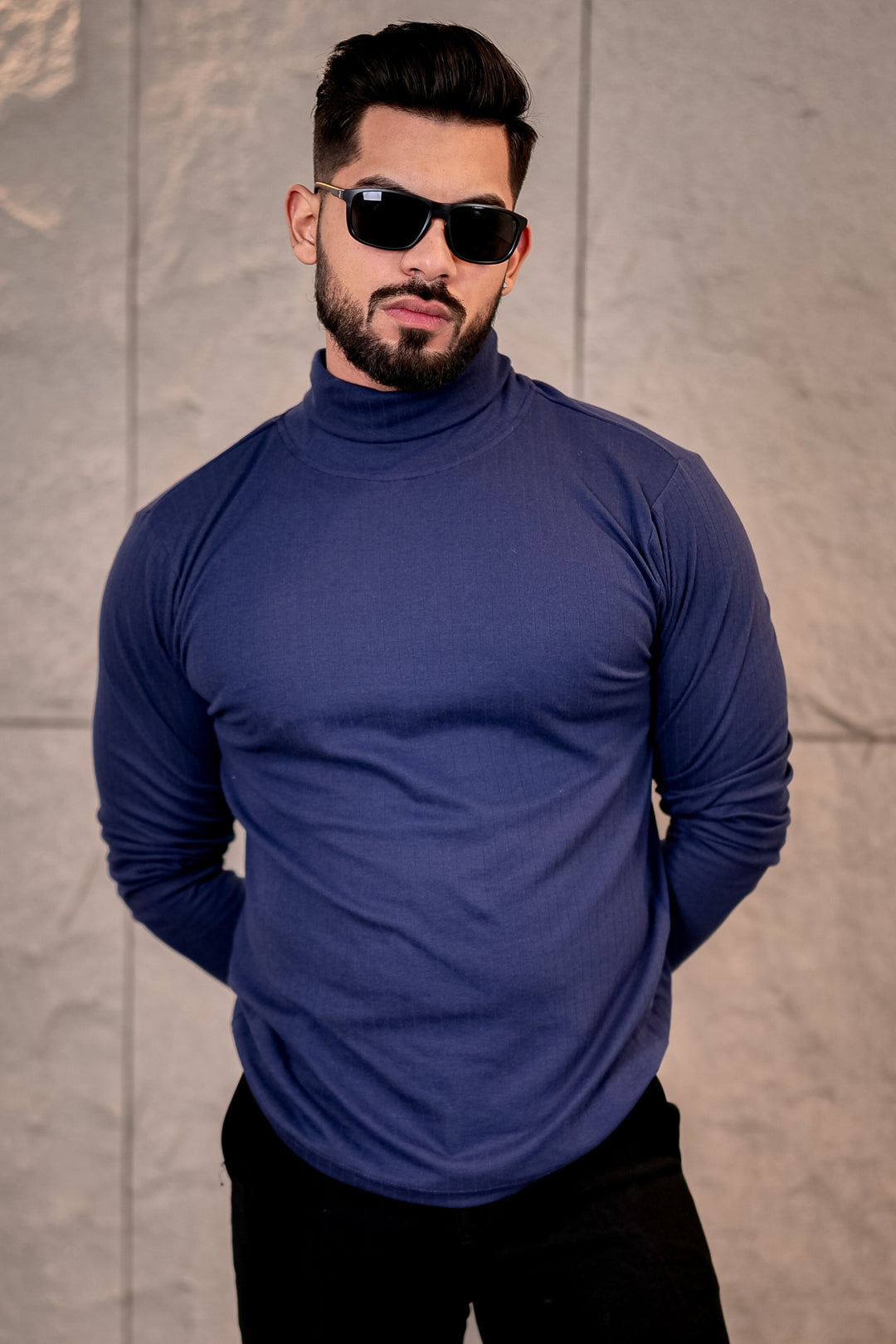 Navy Blue Self Design High Neck T-Shirt