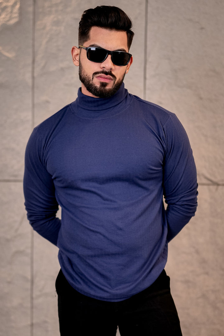 Navy Blue Self Design High Neck T-Shirt
