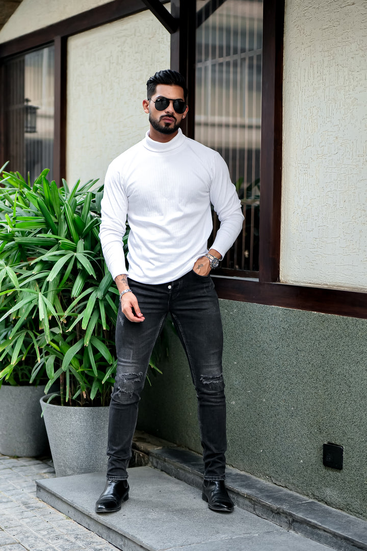 White Self Design High Neck T-Shirt