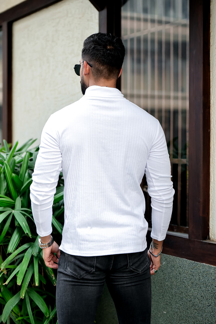 White Self Design High Neck T-Shirt
